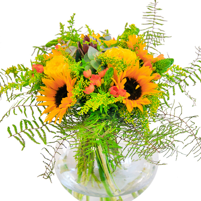 This resplendent bouquet from Golders Green Flowers is a sunlit tapestry in a glass vase-inviting and radiant, it resonates with the harmony of local gardens in full bloom. Sunflowers, with their amber petals and deep, expressive centers, offer a joyful nod to summer afternoons spent strolling near Golders Hill Park. Soft yellow garden roses twirl open nearby, their inviting texture and gentle aroma recalling hidden rose arches along the lanes of Hampstead Heath. Between these sunny blooms, plump scarlet hypericum berries glimmer, their bold contrast reminiscent of bright market stalls and the lively spirit found along Golders Green Road. Wispy ferns drape gracefully, mingling with delicate goldenrod stems dotted with miniature yellow blossoms, all underscored by slender blue-green eucalyptus leaves that add a whisper of freshness. The composition rests within a flawless round glass vase, its clear water magnifying the natural beauty of the gathered stems. This bouquet is crafted to be more than just a decoration-it's a vibrant centerpiece for shared meals, a heartfelt gesture for birthdays or anniversaries, and a reminder of Golders Green's welcoming charm. Each element reflects the love and local expertise that make this neighbourhood a flourishing corner of North West London.