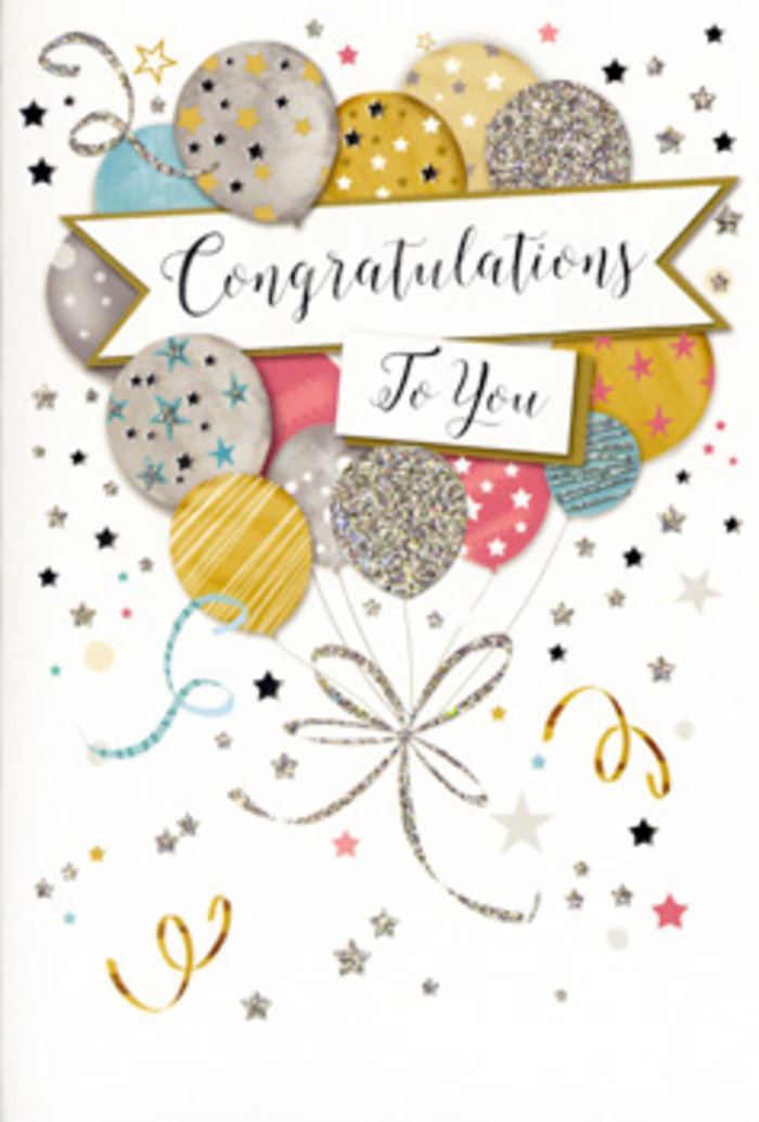 The card in this image offers a refined vision of celebration, reminiscent of a carefully curated window display in a Golders Green florist on a bright morning. Centre stage is given to a lush bouquet of illustrated balloons, their rounded forms overlapping gracefully against a pale, luminous background. The colour palette is soft and sophisticated: muted gold, brushed silver, champagne beige, airy sky blue, blush pink, and gentle grey, all working together like complementary blooms in an elegant arrangement. Each balloon is adorned with its own subtle decoration-tiny scattered stars, delicate glittery bands, or slim stripes-that impart a sense of sparkle and depth, as though catching the warm light pouring in from nearby Finchley Road. Slender ribbons in gold and silver descend from the balloons in smooth, curling lines, gathering loosely at the base and drawing the eye downward. Around this central cluster, small metallic stars, confetti-like dots, and swirling streamers drift lightly, giving the design a feeling of movement and spontaneous joy, much like confetti fluttering at a family celebration near Golders Hill Park. A softly arched banner spans the middle of the artwork, bearing the inscription 'Congratulations To You' in flowing, ornamental script that balances elegance with heartfelt sincerity. Visually, the card hints at tactile contrasts: patches that look lightly glittered and slightly raised against expanses of smooth, satin-finish card. The overall impression is of quiet but unmistakable festivity, ideal for those moments when you want to honour someone's hard work or success with both flowers and a meaningful note. Whether used for graduations, professional milestones, or personal triumphs, this card feels right at home in the warm, community-minded spirit of Golders Green.