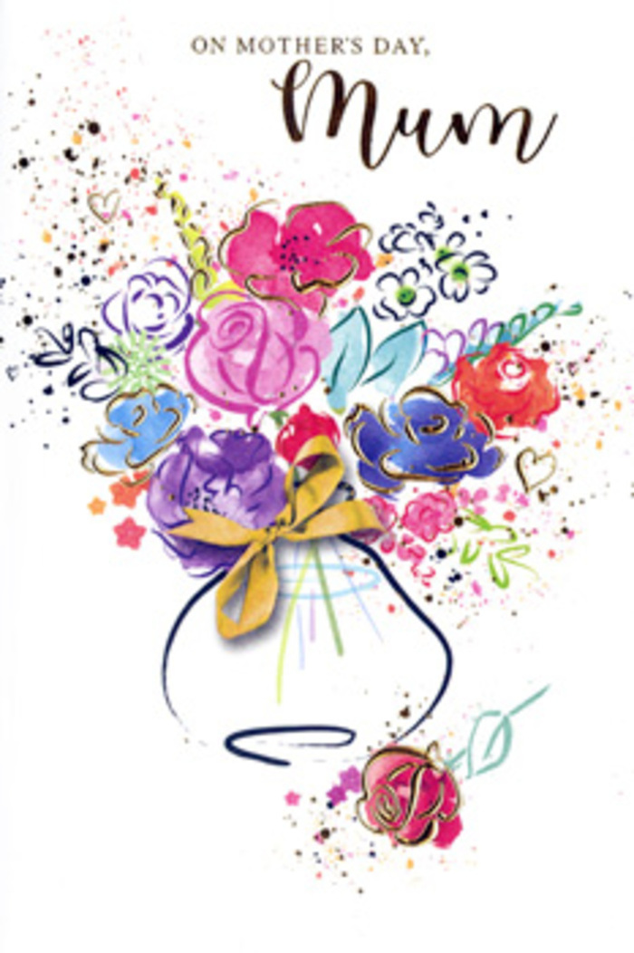 An expressive bouquet illustration fills this Mother's Day card, painted in exuberant watercolours that suggest both artistic flair and a florist's practiced eye, much like designs created for families in Golders Green. At the centre, clusters of bright cerise, fuchsia and rosy pink blooms gather together, their rounded forms hinted at with sweeping brushstrokes and defined with deep indigo outlines. The pigment pools and softens at the edges, creating a sense of softness and layered petals, as if the flowers had just opened. Surrounding these main blossoms, lighter areas of lilac, sky blue, soft yellow and gentle green create a halo of supporting flowers and leafy accents, echoing the variety seen in mixed seasonal bouquets. Thin, shimmering lines of gold accent the curves of petals and the suggestion of leaves, picking up light in the mind's eye and lending an elegant, almost celebratory shimmer, like sunlight reflecting off glass vases in a Golders Green shopfront. The white backdrop provides breathing space, making the colours appear even more vivid, while flecks of paint and tiny heart shapes scatter around the bouquet, conveying movement, happiness and affectionate emotion. The stems gather into a loosely suggested vase at the base, shaped with pale washes and finished with a small golden bow that hints at careful hand-tying and thoughtful wrapping. The image carries the mood of a cherished Mother's Day morning: fresh, hopeful and full of gratitude. It feels like a keepsake bouquet on paper, ideal for those in Golders Green wanting to convey love, appreciation and the tenderness of family bonds through a single, charming floral image.