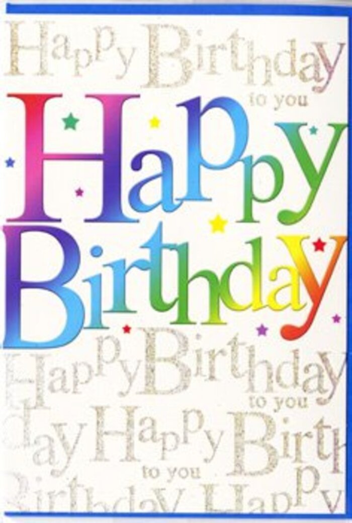 The birthday card pictured here feels like a bright, modern celebration, much like the lively bustle around Golders Green station at the weekend. Front and centre, the phrase Happy Birthday stands out in bold, rounded letters, each filled with a rich gradient that travels smoothly through the colours of the rainbow. Strong reds and pinks blend into indigo and sapphire, then soften into sea green and fresh lime, finishing with warm, sunshine yellows. The effect is both eye-catching and harmonious, reminiscent of a carefully chosen mix of blooms in a florist's window just off Golders Green Road. Behind this vivid text, the entire background is softly patterned with an elegant golden script that quietly repeats the words Happy Birthday to you. The cursive is fine and looping, laid out in gentle horizontal lines so that it feels like a layer of handwritten wishes humming beneath the main message. The metallic gold ink appears to glint subtly where the light hits, adding a sense of refinement and depth without overwhelming the design. Visually, the card surface looks smooth and slightly glossy, though you might imagine a delicate, raised feel where the gold detailing has been applied. There are no illustrations or extra motifs competing for attention; instead, colour, font, and metallic highlight create a carefully balanced composition. The overall atmosphere is one of sincere, joyful celebration with a polished edge-exactly the kind of greeting you might send alongside a vibrant bouquet from Golders Green Flowers, hand-delivered across NW11 to mark a birthday in a way that feels both personal and uplifting.