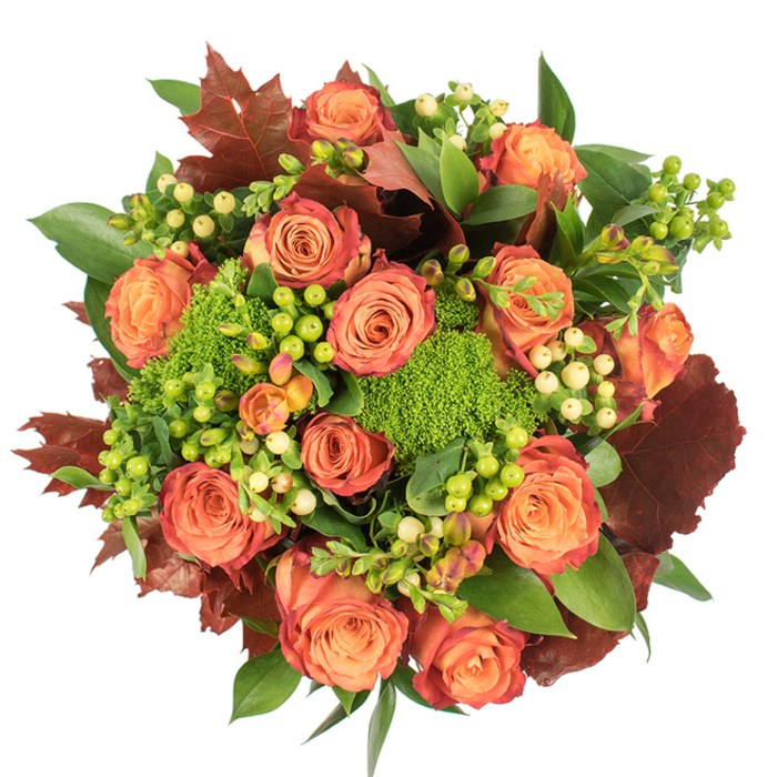 Captured in a bird's-eye view, this luxurious autumn bouquet forms a dense, circular composition against a stark white backdrop, each element chosen to celebrate fall's textures and tones. The focal point is a generous ring of fully opened roses, their petals moving from a mellow warm orange at the centres to deeper coral and russet at the edges, creating a gentle ombré that feels both classic and seasonal. Between the roses, bright lime-green Hypericum berries and softer, cream-tinged berries punctuate the warmth with glossy, round highlights that draw the eye across the arrangement. Plush, green 'moss' clusters - likely green trick dianthus - contribute a surprising, tactile density that contrasts beautifully with the roses' smooth velvet. Strategically placed burnished leaves in dark reddish-brown and deep burgundy recall fallen maple and oak, anchoring the piece and giving it an autumnal silhouette; these rustic leaves look almost papery, visually mimicking a late-September walk beneath turning trees. Saturated green foliage with broader, shiny blades fills and supports the design, lending depth and a sense of abundant growth. Soft, even lighting reveals velvety petal surfaces and the slight sheen of berries and foliage, while the arrangement's scent is imagined as a delicate blend of rose, damp earth and green moss. This piece is ideal as a seasonal centrepiece for Thanksgiving or as a comforting gift that carries warmth and gratitude into a home, suggesting harvest, conviviality and handcrafted floral expertise in every layered detail.