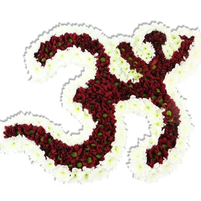 Presented against an immaculate white backdrop, this floral Om (Aum) symbol is a study in contrast and devotion: its central mass is constructed from countless small, dense maroon-to-burgundy chrysanthemums forming the iconic '3'-like loop, the connected descending stroke and the tiny crescent with a bindu above. Each dark red blossom carries a small lime-green centre that pops like a quiet green heartbeat through the deep tones, adding a natural variegation and textural interest to the composition. Encircling and delineating the symbol is a substantial, undulating rim of pure white spray chrysanthemums; the white border sketches the negative spaces and gives the whole piece a luminous edge that reads clean and reverent. The arrangement's tight packing of blooms creates a soft, plush relief, while soft studio light catches the rounded petals and casts a faint drop shadow beneath, reinforcing its three-dimensional, altar-like quality. Imagining the piece in situ - perhaps near the community halls and quiet lanes off Hoop Lane, or placed beside a meditation cushion at a local yoga gathering - one senses the subdued scent of fresh petals and the careful hand that shaped each curve. This is a tribute-sized work meant for remembrance, cultural festivals, or spiritual gatherings, speaking through colour, form and texture: the deep red for solemnity and devotion, the white for peace and clarity, and the tiny green centres as a reminder of life amid contemplation. It feels both precise and tender, a floral emblem that invites silent focus and gentle ceremony in the Golders Green neighbourhood.