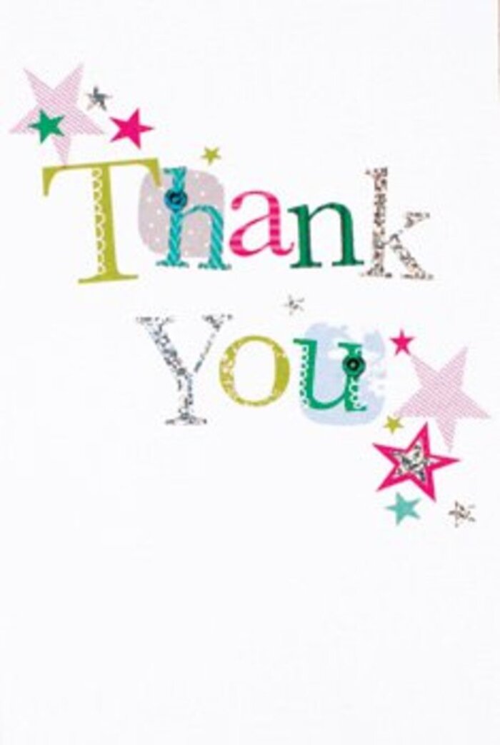 There's a quiet exuberance to this thank you card, its composition both graceful and spirited, well-suited to the welcoming energy of Golders Green. Each letter exudes its own personality-some whimsical and dotted, others elegantly curved-all set in a rainbow of lime, fuchsia, and soft blue shades that catch the eye like a stroll through local spring gardens. Groups of stars, some shimmering with glints of silver or tinted with deep turquoise and festive pink stripes, cluster around the message, imbuing it with a celebratory atmosphere reminiscent of evenings at Golders Hill Park. The overall design feels fresh and airy, grounded by a pristine white background that enhances every colourful touch and playful accent. It strikes a balance-neither overly formal nor too relaxed-making this card suitable for any occasion, whether you're expressing gratitude to a neighbour on Hoop Lane or thanking a colleague after a busy week. Paired with a bouquet of seasonal blooms, it conveys appreciation that is as uplifting and genuine as the community spirit found throughout NW11.