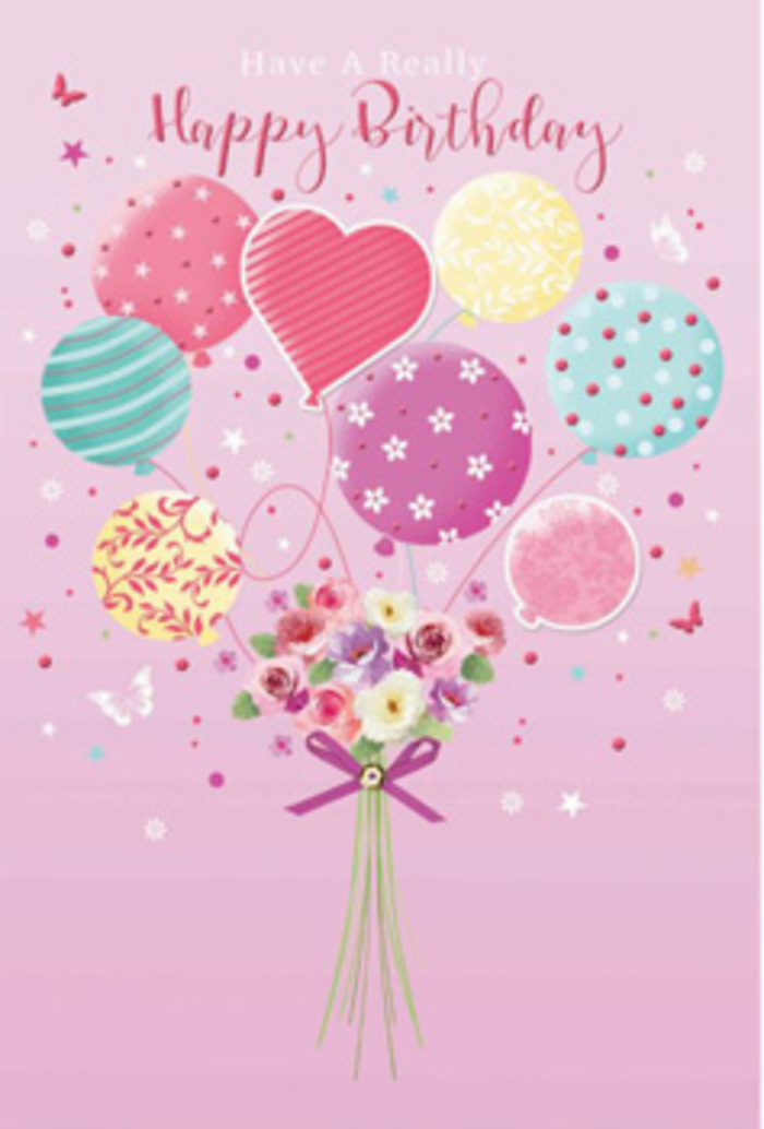 In this softly jubilant birthday artwork, the feeling of being cherished seems to rise like balloons above Golders Green. A tender pink background forms the canvas, reminiscent of the gentle glow from shopfronts along Golders Green Road at dusk. Floating at the centre is a loose bouquet of pastel balloons, their rounded shapes overlapping in a dreamy cluster. Each balloon is decorated with its own playful motif-ribbons that spiral as if caught in a breeze, tiny dancing polka dots, and painterly strokes that suggest swirling confetti. Pale sunshine yellow, rosy fuchsia, mint green, and lavender wash together, the colours blending as smoothly as watercolour on paper. Anchoring this airy display is a dainty bouquet of flowers at the base. Petite roses and daisy-like blooms gather in a compact arrangement, their petals delicately shaded from cream to rose and soft mauve, as though just touched by early light over nearby Hampstead Heath. You can almost imagine the scent-subtle, sweet, and fresh, like stepping inside a local Golders Green florist just as the day's birthday orders are ready for delivery. A sparkling purple bow cinches the stems, its satin finish glinting as if catching reflections from flickering birthday candles. Around the bouquet and balloons, small butterflies and stars flit and hover, lending a sense of movement and quiet magic. The entire composition is thoughtful and refined, the kind of design you might choose to accompany flowers from Golders Green Flowers, ensuring a birthday greeting feels not only festive but deeply personal and lovingly considered.