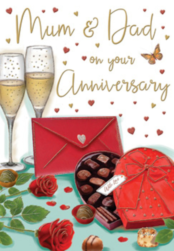 In this beautifully rendered anniversary card, the artist has created a scene that captures the essence of a romantic evening for parents in Golders Green. Two elegant champagne flutes command the centre of the composition, standing close enough that their slender stems almost touch. Each glass brims with golden champagne, where tiny bubbles rise in delicate streams, catching the light as if lit by a nearby lamp. The surface of the glass reflects subtle highlights, adding depth and a sense of gentle movement. Resting gracefully beside the flutes are two lavish red roses, their petals layered, velvety, and deeply saturated in colour. The blooms are accented by rich green foliage, each leaf illustrated with fine veins and a soft sheen, as if freshly misted by a florist who has prepared the perfect anniversary bouquet for a family on one of Golders Green's leafy side streets. A heart-shaped box of chocolates, tied with an opulent red bow, sits invitingly nearby. Its lid is tilted open to reveal an orderly selection of glossy truffles, while a few chocolates outside the box suggest that the couple has already begun their sweet indulgence. Across the backdrop float small gold and crimson hearts, some bolder, others softly glowing, that gather around the affectionate Mum & Dad wording and infuse the image with playfulness and devotion. In the foreground, a rich scarlet envelope lies closed, its clean lines and neat seal hinting at a personal, handwritten message. The overall palette of reds, golds, and warm neutrals bathes the scene in a comforting radiance, evoking the familiar atmosphere of a Golders Green home where anniversaries are celebrated with roses, champagne, and treasured memories.