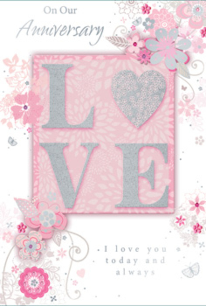 This anniversary card opens like a quiet, sunlit room where love is honoured in everyday moments, much like the warm, homely streets around Golders Green station. The key visual focus is the word LOVE, written in calm, rounded capital letters and finished with a frosted glitter texture. The glitter is fine and even, creating a smooth, slightly raised surface that glints softly rather than flashing, reminiscent of morning light on pale petals in a florist's display. Around the central word, airy, hand-drawn blooms float along the borders of the card. Their petals are tinted in soft shades of pink, lilac, and creamy ivory, each blossom outlined with slender, careful lines that give them a gentle, almost hand-painted character. The flowers gather in clusters at the corners, then drift inward in wisps and sprays, much like a bouquet that has been thoughtfully loosened and allowed to breathe. Dainty leaves and filigree lines weave among the blossoms, creating a fine, lace-like framework that never feels heavy. Hidden within the pattern, tiny butterfly shapes appear-little curved wings and delicate bodies sketched so faintly that they reward a second, closer look, echoing the subtle flutter of hearts on an anniversary. At the centre or just below the floral work, the message I love you today and always is printed in a graceful, understated script, its letters flowing like a personal note rather than formal typography. The background remains a soft, luminous pink, gently shaded to suggest depth and light. Taken together, card and design feel like a hand-tied bouquet translated into paper, a tender accompaniment to flowers delivered from Golders Green Flowers to mark a cherished year together.