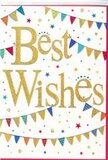 The design of this Best Wishes card evokes the warmth of celebrating good news in Golders Green, where simple touches carry real meaning. The card itself is a bright, matte white, smooth and clean, giving an airy feel that lets the colourful details stand out. Dominating the centre are the words Best Wishes, written in confident, sweeping gold script. The letters have a slightly raised, glittering finish, so the gold seems to shimmer softly much like the late sun glints through trees lining nearby parks. This glowing text immediately communicates joy and sincere support. Encircling the message, gentle curves of bunting drape across the top and bottom sections of the card. Each small triangular flag is filled with vivid colour-navy and sky blues, classic red, lemon yellow, fresh green, and rose-pink tones-arranged in a pattern that feels joyous but not chaotic. Many of the flags are patterned with delicate stripes, scattered polka dots, or simple mosaic-style designs, adding an artisanal touch. Nestled between and around these bunting strings are tiny star shapes and dot-like confetti marks, primarily in gold with a few bright accents. They look as if they are suspended mid-fall, capturing the moment when confetti is thrown into the air at a celebration near Golders Green station. The spacing of the elements is thoughtful, allowing plenty of white space so the design never feels overcrowded. Altogether, the card exudes cheerful positivity and quiet sophistication, ideal for sending congratulations on a new job, welcoming someone to a new home in the area, or giving supportive good wishes alongside a bouquet delivered locally. It's a gentle paper echo of shared happiness, crafted to make any milestone feel that little bit more special.