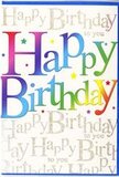 This birthday card presents a clean yet exuberant design, echoing the friendly character of Golders Green's high street. The main feature is the prominent Happy Birthday message, printed in generous, rounded letters that carry a soft, blended rainbow gradient. Each letter flows from deep crimson and berry pink into cool violets and blues, before easing into teal, bright green, and a touch of golden yellow, suggesting the cheerful variety of colours in a mixed bouquet. These vivid letters stand proudly against a pale backdrop that is richly overlaid with a repeating line of slender, gold cursive script. The phrase Happy Birthday to you is written again and again across the surface in delicate loops, forming a quiet chorus of wishes behind the bold headline. The gold has a metallic sheen that catches the light, giving the impression of fine foil or ink that would feel just slightly different to the touch-smooth yet subtly raised. This gentle shimmer brings an element of elegance to the otherwise playful layout, somewhat like spotting a glint of sunshine reflecting off car roofs along North End Road. The absence of additional images or graphics keeps the focus on the marriage of strong colour and refined typography, making the card feel contemporary and versatile for all ages. It is easy to picture this card paired with a fresh arrangement from a local NW11 florist, slipped into an envelope and delivered across Golders Green and the surrounding neighbourhoods to make a birthday feel meaningfully and colourfully marked from the very first glance.