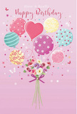 This whimsical birthday card illustration captures the light, joyful spirit of a celebration in Golders Green. Set against a soft pink backdrop, a cluster of pastel balloons rises gracefully, as if just released from a birthday gathering on a leafy street off Finchley Road. Each balloon has its own distinct charm: some are banded with candy-coloured stripes, others are sprinkled with playful polka dots, and in the centre a heart-shaped balloon glows warmly, echoing the affection behind the birthday wish. The colour palette is a gentle blend of blush, seafoam, lemon, lavender, and soft coral, with a slightly translucent quality that lets the light seem to pass through. At the base of this floating display, a hand-tied bouquet of flowers gathers the pigments into one harmonious cluster. Creamy roses and anemone-like blossoms in ivory, pink, and muted mauve form a rounded posy, their petals feathery and soft, as if freshly arranged in a quiet Golders Green workshop on a birthday morning. A violet satin bow wraps neatly around the stems, adding a subtle shimmer that guides the eye downward. Scattered around the balloons and blooms, tiny stars and delicate butterflies hover, creating a hint of fairy-tale enchantment, like a little pocket of magic hanging over NW11. The mood is airy, sweet, and perfectly festive-a visual expression of a thoughtful birthday greeting that might easily accompany a same-day flower delivery across Golders Green and the surrounding neighbourhoods.