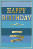 From a sunlit corner in Golders Green, this birthday card radiates gentle cheer, as if a quiet morning stroll through the area has found its message in print. The blues are laid in broad horizontal stripes, moving from a deep navy at the top to a softer, almost lilac-tinged blue toward the bottom. The effect is serene and expansive, like listening to a favorite song on a bright morning while the window catches a gentle breeze. The gold 'HAPPY BIRTHDAY' stands proudly, its metallic sheen catching the light just enough to sparkle without overpowering the calming backdrop. A central flourish, gilded and intricate, anchors the design, while three slender banners below carry the warm invitation: Relax, have a great day and enjoy! The texture suggests smooth, high-quality card stock, with a subtle emboss that gives the gold details a soft lift to the touch. If you imagine this card resting beside a vase of fresh flowers-stems catching sunbeams that flicker across the petals-it's easy to see how the room would soften into a moment of quiet celebration. It's the kind of greeting that says someone deserves not only good wishes but a moment of real joy and contentment. Crafted with care and a balanced eye for composition, this card makes birthdays feel special, soul-soothing, and warmly memorable. Available in Golders Green and beyond, it pairs beautifully with a bouquet for a thoughtful morning surprise, delivered with the same attention to detail you'd expect from Golders Green Flowers.