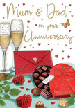 This anniversary card scene is illustrated with the same care and attention you might expect from a florist arranging a special delivery for a Golders Green couple. At its centre, two slim champagne flutes stand in quiet harmony, filled with golden champagne whose tiny bubbles rise gracefully, as though frozen at the very moment a toast is about to be made. Light gently reflects off the glass, creating soft highlights along the curves and rims, suggesting a warm, intimate setting. To one side, two exquisite red roses rest on the table surface, their petals richly textured and velvety, opening fully to create lush, rounded blooms. They are surrounded by dark green leaves with a natural, slightly curved shape, reminiscent of a hand-tied bouquet from Golders Green Flowers on Golders Green Road. Nearby, a heart-shaped chocolate box sits partially open, revealing a tempting array of smooth, rounded truffles. The exterior of the box is wrapped in a dramatic red ribbon, tied into a bold bow whose satin tails trail casually across the tabletop. A few chocolates are scattered just outside the box, hinting at an indulgence already begun. Above and around this intimate arrangement, tiny hearts in shimmering gold and deep crimson drift lazily across the background, framing the sentimental Mum & Dad message in a cloud of affection. In the foreground, a scarlet envelope lies ready to be opened, its clean fold and sealed flap suggesting carefully chosen words written for this special day. The composition glows with warm reds and golds, conjuring the feeling of a cosy Golders Green living room where parents celebrate another year of shared love, stories, and quiet joy.